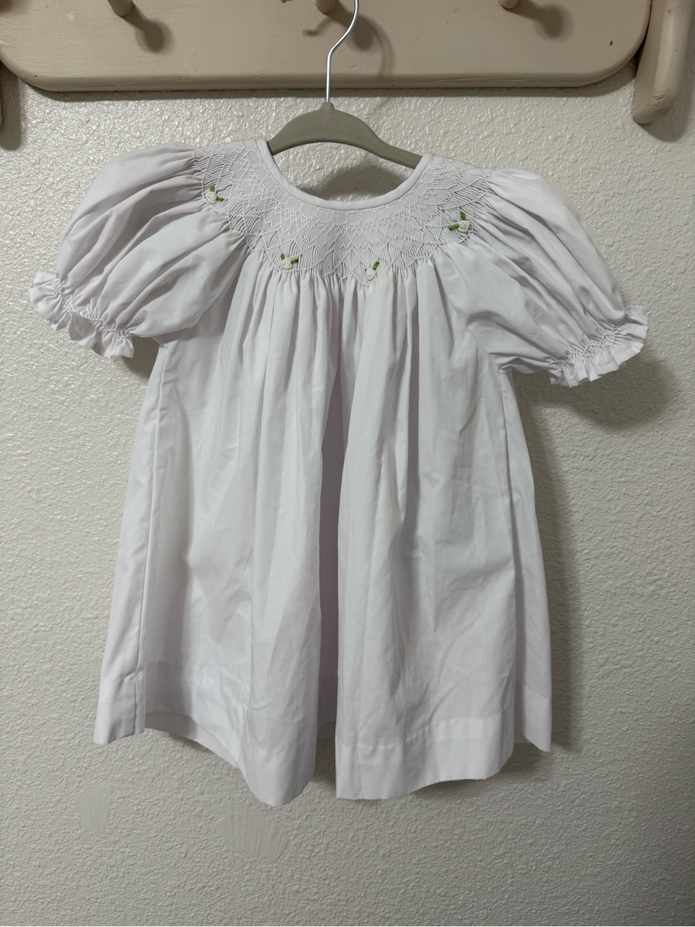 Remember Nguyen White Smocked Baby Dress with Tiny Green Embroidery